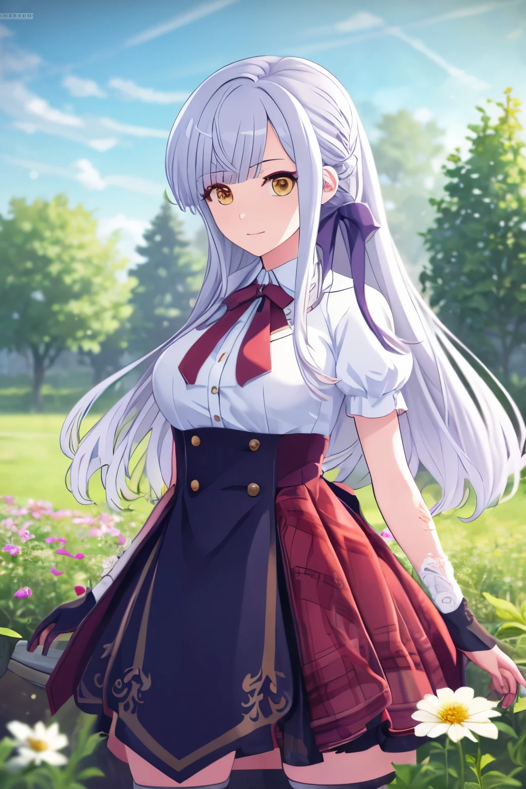 Masterpiece, Best Quality, Ultra high Detailes, intricate details,
1girl, scool uniform, Armed, In a field of flowers all around