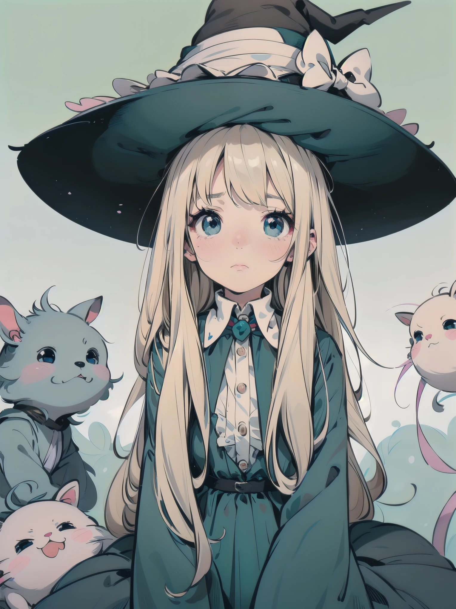 🎶, (🧙‍♀️), ✡, ✨(hat), , Alice in Wonderland, Alone, very beautiful, cute, adorable, embarrassed, alone, blue eyes, look at viewer, looking up, kawaii tech, pastel colors, kawaii, cute colors, Alice in Wonderland, alone, very beautiful, cute, adorable, embarrassed, alone, blue eyes