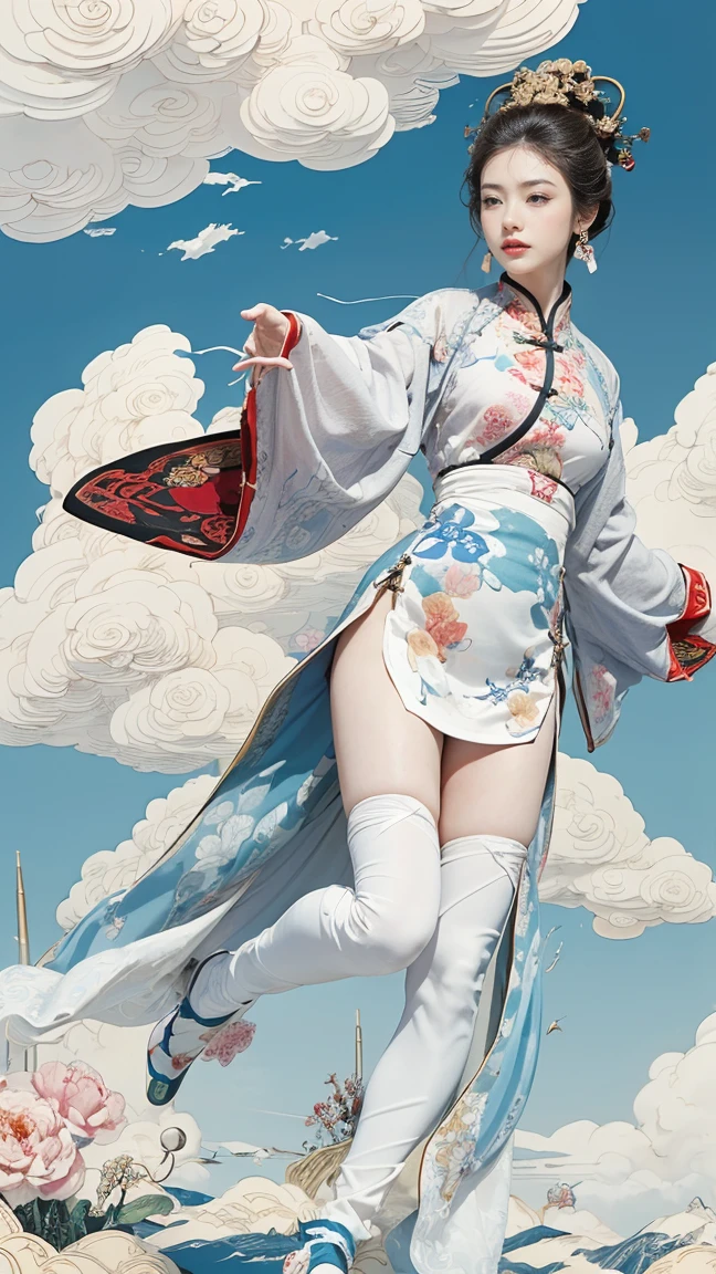 (masterpiece, top quality, best quality, official art, beauty:1.2),(最詳細清晰的contour和五官:2.0,contour:2.0) (1 Chinese goddess:1.5), Very detailed,(Dunhuang艺术:1.1),(Dunhuang,rich and colorful:1.1)(flowers:1.3),most detailed,(Zentangle:1.2), (Dynamic flight attitude,Foot on white clouds,Showing thighs:2.0), (blue sky, White clouds and bright moon background:1.3), (Chinese embroidered Hanfu:1.2), (shiny skin,camel toe:1.2), (Many colors:1.4), ,(earrings:1.4),