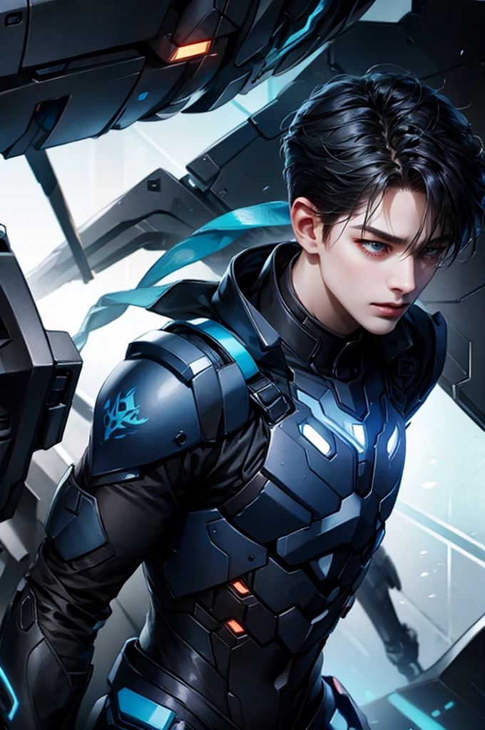 Alone、Front、whole body、Anime boy protagonist in a futuristic mechanical combat suit、Cyberpunk Anime Boy、