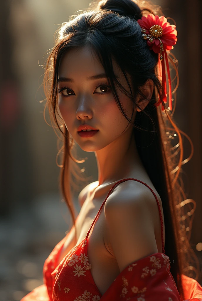 masterpiece, woman with freckles and waterfall braid with flower headband (full body:1.2), Pale skin, light red hair, wearing a revealing embroidered kimono robe in a bazaar (sunset) by Laura Makabresku, breasts exposed, cinematic lighting ,(cinematic, film grain:1.1) sk_cinematic , ((extreme skin detail)), hdr, ((Ultrarealistic)), ((Photo)), bokeh, depth of field, 8k hd, DSLR, soft lighting , high quality, Fujifilm XT3