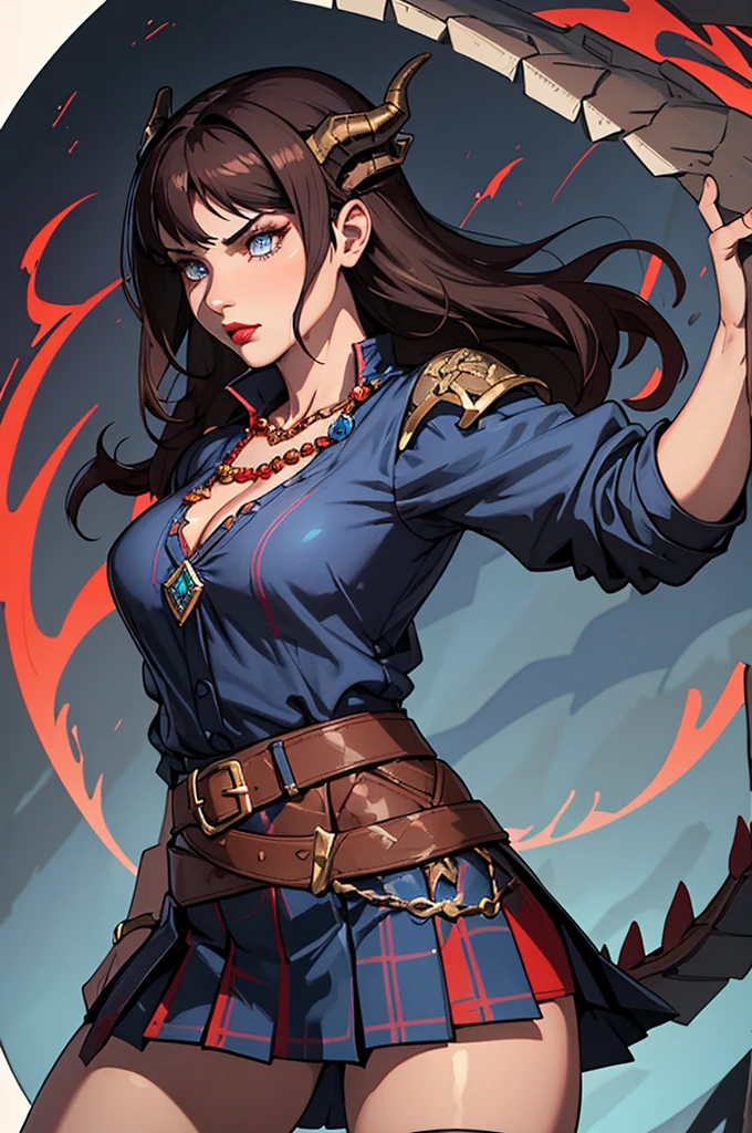 "A young girl with striking blue eyes and long wavy brown hair stands, with a confident attitude, in front of a majestic dragon with blue scales and a red belly. She is wearing a tight light blue shirt, buttoned at the front, with a slight opening in the chest that reveals a necklace with a red gem. Her outfit also includes a blue plaid pleated skirt and a brown leather belt with a silver buckle.. Her makeup is bold, with red lips and dark eyeliner. The dragon behind her, with sharp horns and detailed scales, conveys a sense of power and protection. The outfit combines modern fashion with an element of fantasy., highlighted by the presence of the dragon and its determined stance."