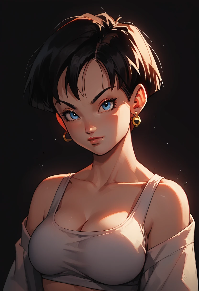 score_9, score_8_up, score_8, score_9, 1girl, source_anime, videl from Dragon Ball Z, short hair, detailed eyes, beautiful eyes, perfect breast, big breast, sport bra, v3v3n14n, venetia blinds lighting, light particles