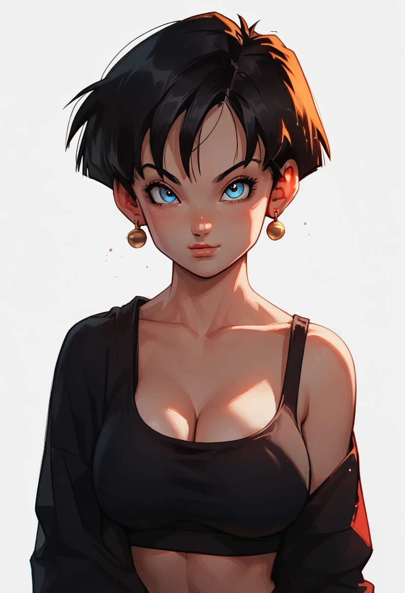 score_9, score_8_up, score_8, score_9, 1girl, source_anime, videl from Dragon Ball Z, short hair, detailed eyes, beautiful eyes, perfect breast, big breast, sport bra, v3v3n14n, venetia blinds lighting, light particles