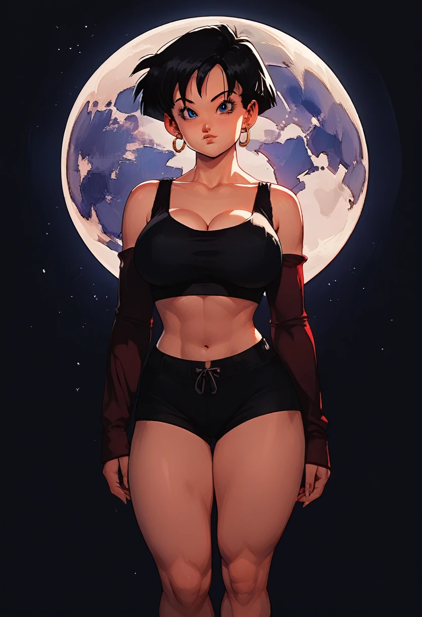 score_9, score_8_up, score_8, score_9, 1girl, source_anime, videl from Dragon Ball Z, short hair, detailed eyes, beautiful eyes, perfect breast, big breast, sport bra, thicc thighs, outdoor, night, moon on background