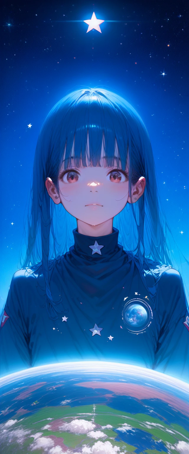 best quality, detailed, 4k, raw photo, masterpiece, detailed face,, stars, planets, galaxy, space,, a photo of anycemar flying in space, blue hair, bangs, long hair, looking at viewer, 