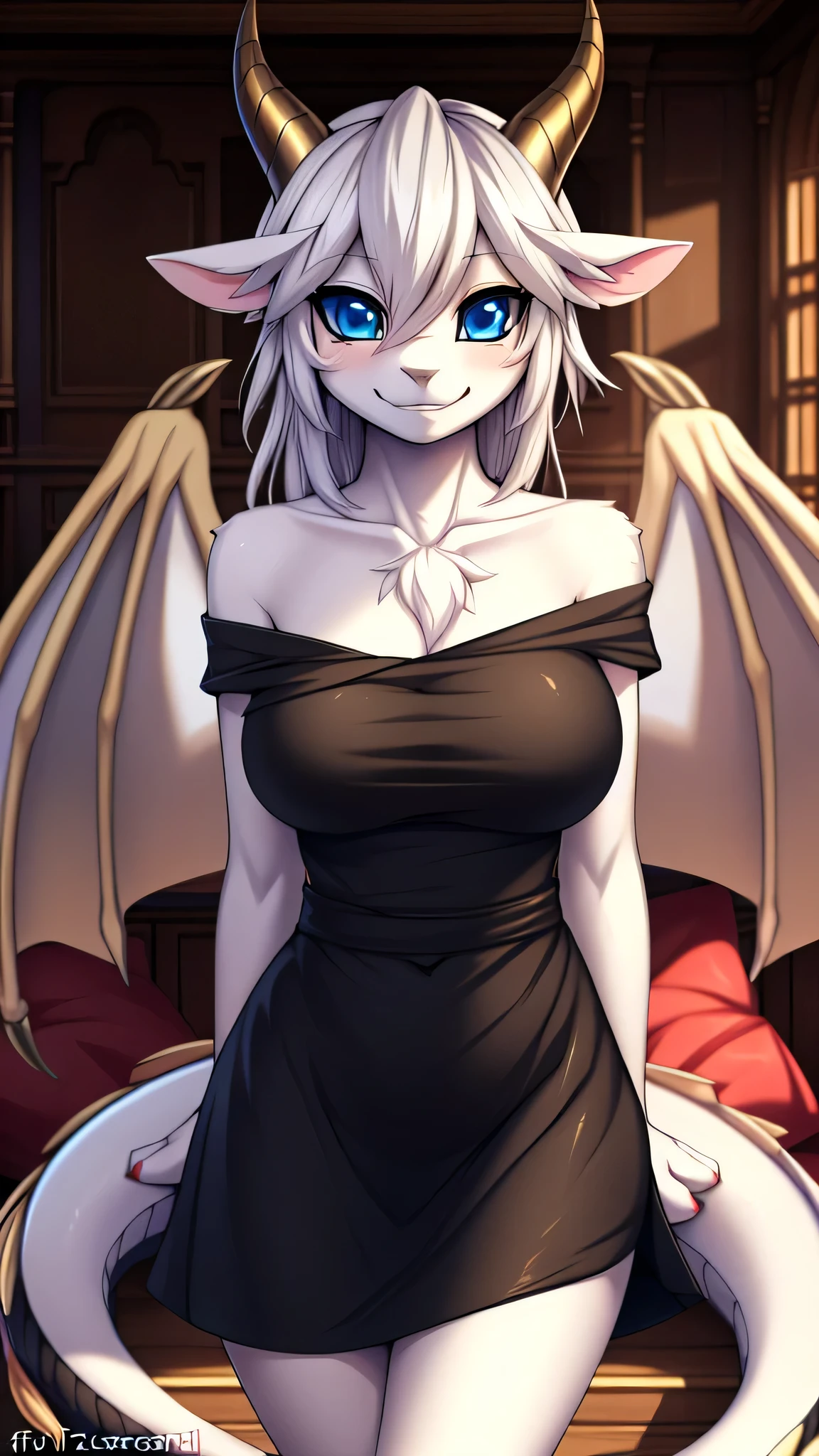 By zinfyu,by twistedscarlet60, uploaded on pixiv, by fluff-kevlar, (masterpiece), (best quality), (solo female:1.2), (extremely detailed:1.3),(detailed eye,blue eye), Buster whelp, From yugioh, looking on viewer, dragon face, dragon nose, dragon mouth,two-toned fur,white hair,  gray-Blue, gray belly,gray front side, beautiful dragon face, dragon, white,dragon scale covering her front body, white body, medium breast,small white dragon wing,Sharp:1.2,golden horn, perfect figure beautiful woman:1.4, Hourglass body:1.2, tail,slim ,small belly, has eyebrows, beautiful eyebrows, long eyebrows,  View on viewer, closeup,shy Smile,shy, Blush, SFW, wearing black dress,Long black skirt, long dress,big Breast, Bare shoulder, in living room, (tail:1.1), 