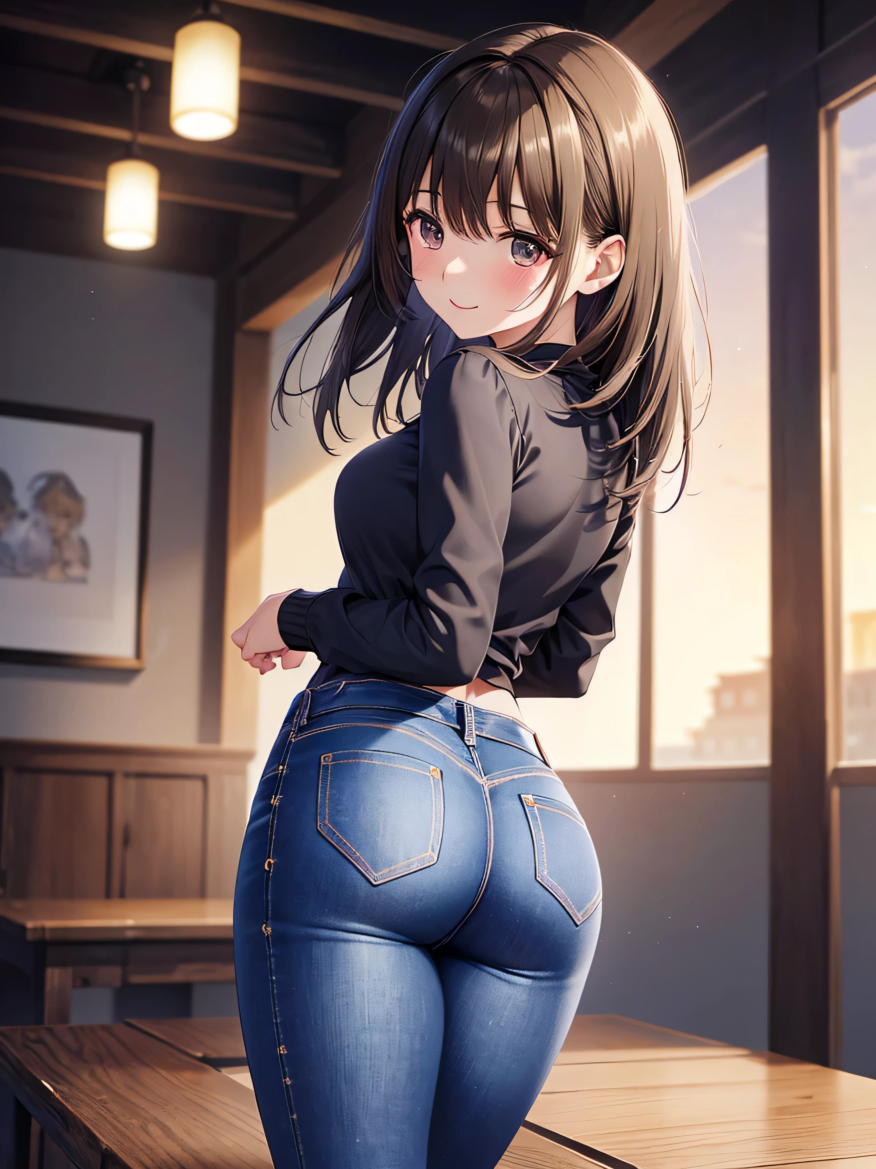8k , masterpiece,best quality,ultra detailed, 1 female, blush, smile , Cute girl anime visuals, Beautiful Anime Girls, Smooth anime CG art, Official artwork, Fascinating anime , ((pantyhose under dark jeans ,Buckshot、Looking Back、Beautiful woman))、(Young girl)、(Genuine、photoGenuineistic、Very detailed、Best Detail Skin、Highest quality、masterpiece、Ultra-high resolution)、The lighting is bright、Stick your butt out , Small Ass , slim body