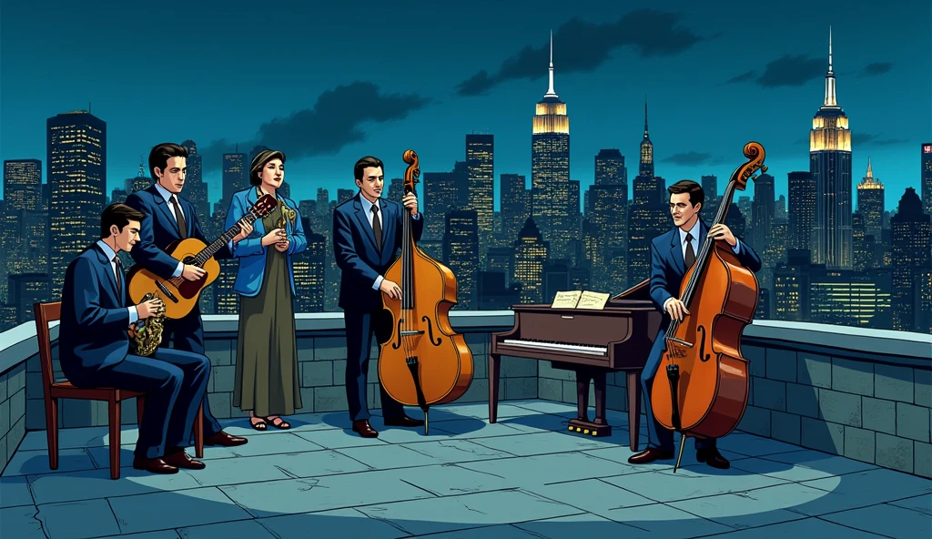 (best street performance),(Frank Sinatra singing), blue-grey streets,tiny lights,night cityscape,smoky ambiance, old school jazz mood,soulful, nostalgic.