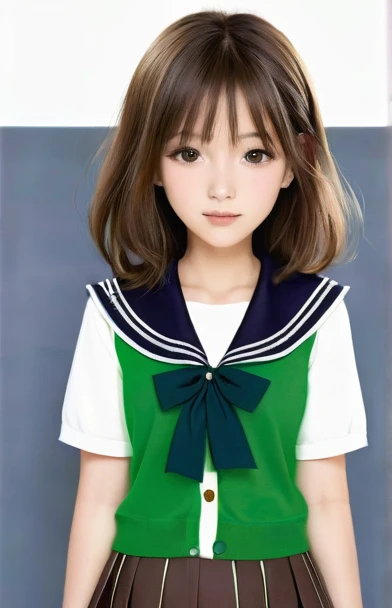 small、cute、Childish、Beautifully shaped eyes、Beautiful Skin、black eye、Black Hair、5頭からbodyまで、Narrow shoulders、Thin legs、body(slim)、Pixie Cut、Sailor suit、collar(gray)、Ribbon on chest(green)、