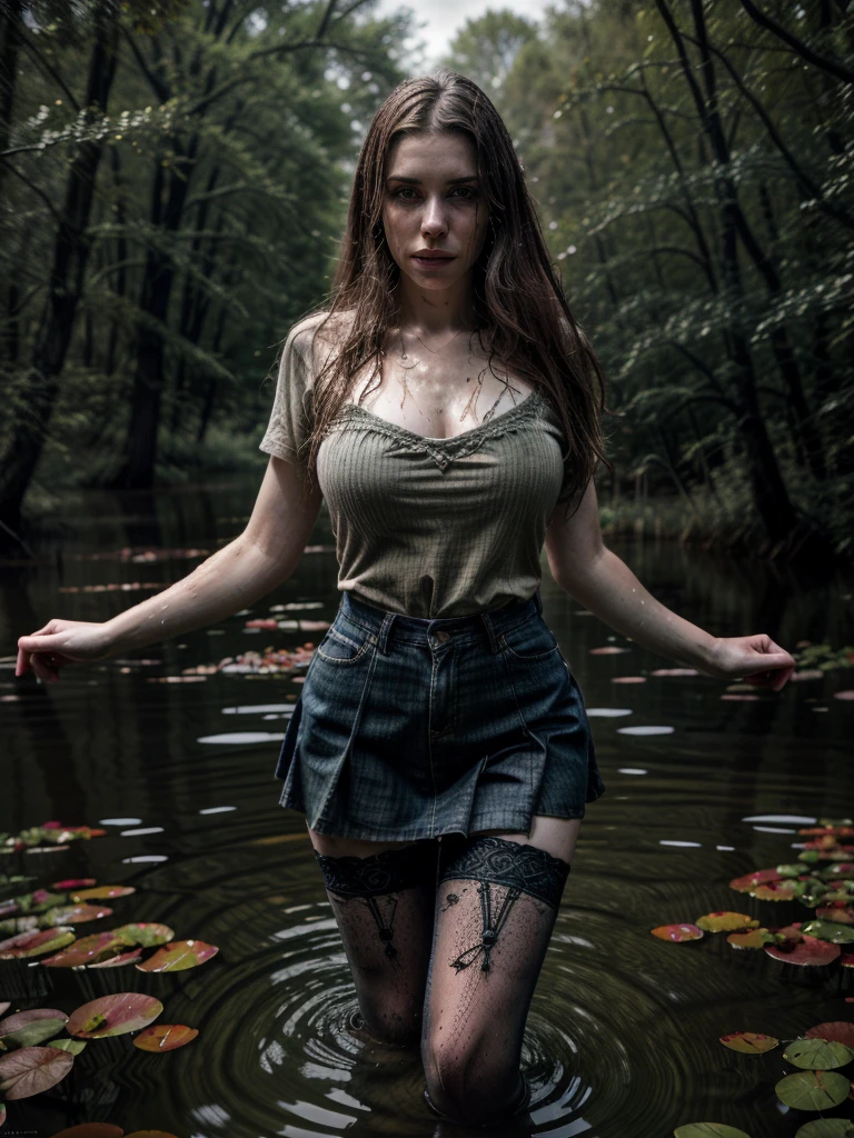 Night Forest, Vampire bella from the movie twilight, High, athletic woman with pale skin and shoulder-length dark brown hair, with blue eyes, naked only wearing heavy high-heeled knee-length combat boots, laying in the dark between roses, nsfw
