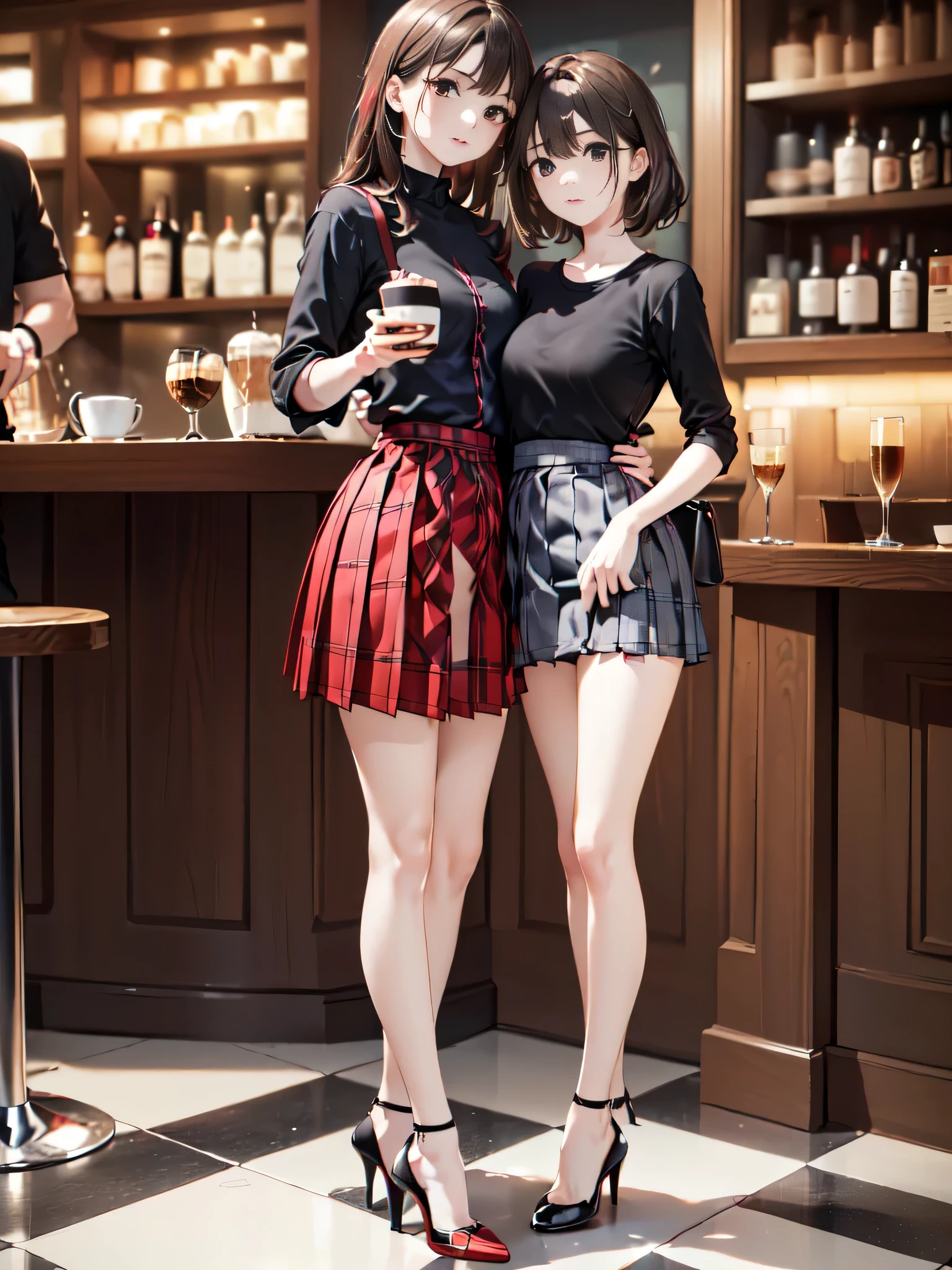 (masterpiece:1.3),(best quality, highest quality),((Full Body Shot,Including face)),(1girl:1.2),4K,masterpiece,((Focus on the face)),((Symmetrical facial features)),Beautiful woman,Slender,Beautiful feet,((Red checked pleated skirt、Black shirt),Black High Heels:1.5),Facial detailing,(Cafe bar entrance:1.5)、Outdoor