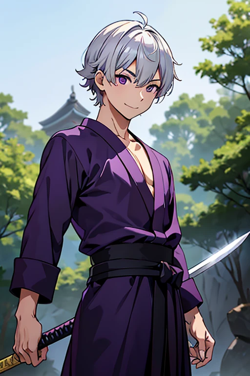 One man、Around 1、Samurai、A sword is attached to his waist、Alone, Very thick outline、Medium 短い-Cut Hair、Silver Hair、Purple Eyes、anime、Angle where you can see the whole body、Front angle、smile、Small Head