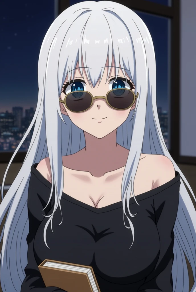 1girl, female gojo satoru, anime screencap from jujutsu kaisen, gojo satoru female version, solo, very long_hair, ((The hair is styled with part of it pulled back and the rest cascading down her back)) Blue eyes, ((white eyelashes)), ((very long white_hair)), night view, breasts, upper_body, smile, indoors, book, bangs, Blue_eyes, lips, (wearing round sunglasses)  wearing black color sweater off the shoulder, breast, "very detailed and high resolution" (Blue eyes) ((smooth texture hair)) ((solo)) ((high resolution)) ((cowboy shot)) (Good quality)  cleavage,((front view))Breasts seen from the bottom perspective of the butt from behind big pose Simplis beautiful sexy woman with long straight hair light effect wearing black thong bikini big curves thong bikini marked on the black pants simple sitting breasts alerting the wall muscular smiling face smiling look(( Additional Detail:forma: Eye shapes vary greatly, but generally have rounded and curvilinear contours. This softness contributes to the overall aesthetic of "cuteness" and youth often associated with anime. Iris: The colors of the iris are vibrant and varied, ranging from natural tones like brown and blue to fantasy colors like pink, green and purple. This variety contributes to the creation of visually appealing and distinct characters.. sheen: Anime eyes often have a glow or reflection of light., which gives them a vivid and dynamic appearance. This glow can be used to highlight the character&#39;s emotion or to draw attention to a specific point in the scene..)) ((up to the knees..))Mulher bonita, rosto bonito, rosto feliz, totalmente nua, sem roupa, olhos bonitos, por seios definidos, grandes, seios definidos, Em uma cama Linda sexy vestindo biquíni tubinho apertado . Mulher com o corpo sexy..peitos enormes coxas. Cabelo amarelo loira olhos azuis. pelé clara.