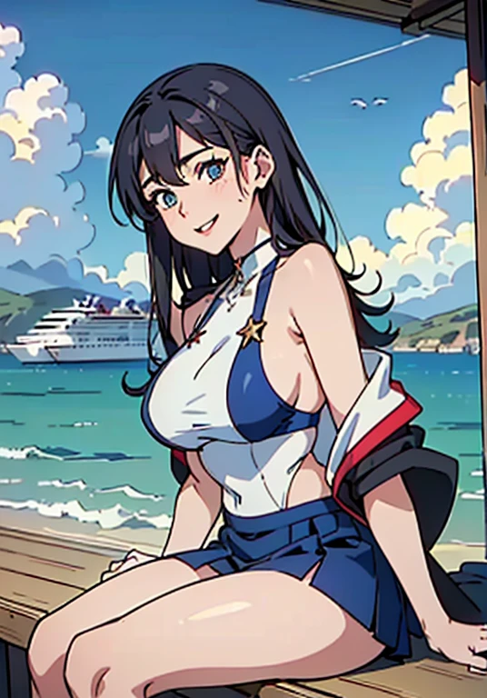 (masterpiece, best quality, RAW photo, intricate details) portrait, head and shoulders, 1girl / Atago / medium dark hair, blues eyes, cat ears, large breasts, cleavage, curvaceous body, (wearing admirals uniform, wearing white trousers), seaport background, blue sky, Azur lane, catgirl, admiralty, medals, academy, military, marine
