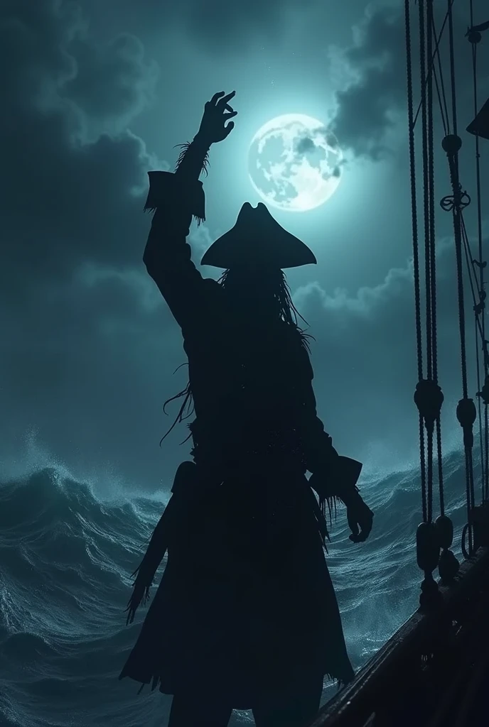 A female pirate with black hair from behind on her ship with a black flag with a red skull on the high seas at night, just a shadow of the woman, nothing very clear