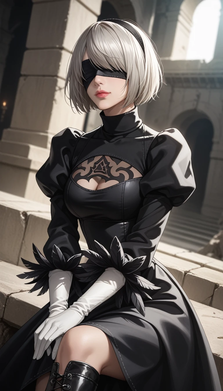 score_9, score_8_up, score_7_up, 32k,masterpiece, highest quality,
photo realistic, vibrant colors, chiaroscuro lighting, cinematic lighting,
2B Nier Automata, 
bob cut, gray hair, bangs, blindfold, pink lips,
black goth dress, long sleeve, Juliet sleeve, white gloves, turtleneck, feather ornament, feather ornament sleeves, black leather boots,
within ancient ruins, the souls of legendary warriors who etched history rest eternally,
seductive pose, cinematic angle,