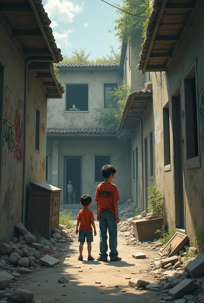 This is the day your life will surely change,, cinematic lighting, high production value, dramatic shadows, mood-enhancing illumination, depth and texture emphasis, a ruin city where only a african boy is left alive, silhuete, por do sol, 