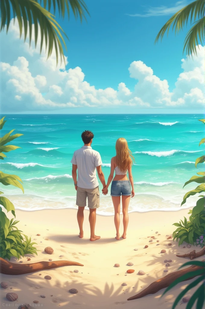 I need a brown man and a white woman walking on the beach