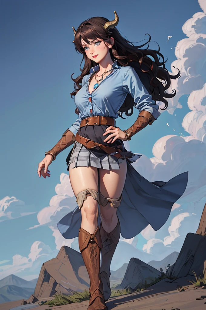 (8K, photo and gross, Best quality</input></xml>, maestro:1.2), (realistic, fotorrealistic:1.37), ultra detailed, 1 girl, beautiful, alone, beautiful detailed blue sky with fluffy clouds, (blush), (full body: 1.1), (smile: 1.1), big breasts, beautiful and delicate blue eyes, (Light blue fitted shirt with buttons down the front and a slight opening at the chest that reveals a necklace with a red gem: 1.1), blue plaid pleated skirt, Brown leather belt with silver buckle, Bold makeup with red lips and dark eyeliner, long wavy brown hair, (wavy hair: 1.2), high contrast, Behind her, A majestic dragon with blue scales and a red belly, Sharp horns, detailed scales, (standing with confidence), The dragon emanates power and protection, Combining modern fashion with fantasy, proporciones de full body.