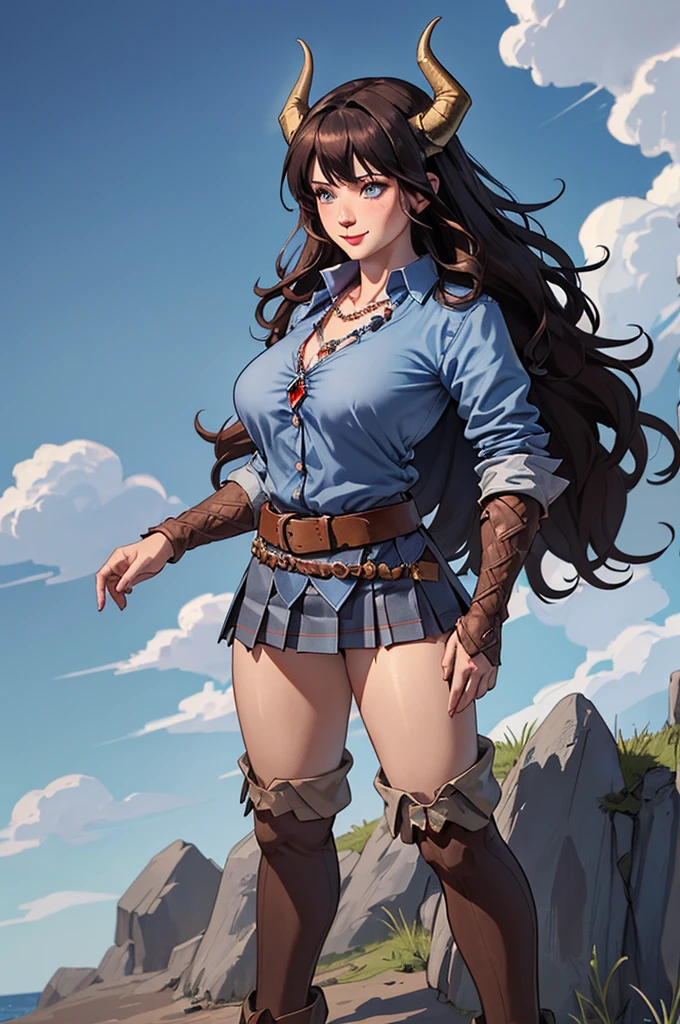 (8K, photo and gross, Best quality</input></xml>, maestro:1.2), (realistic, fotorrealistic:1.37), ultra detailed, 1 girl, beautiful, alone, beautiful detailed blue sky with fluffy clouds, (blush), (full body: 1.1), (smile: 1.1), big breasts, beautiful and delicate blue eyes, (Light blue fitted shirt with buttons down the front and a slight opening at the chest that reveals a necklace with a red gem: 1.1), blue plaid pleated skirt, Brown leather belt with silver buckle, Bold makeup with red lips and dark eyeliner, long wavy brown hair, (wavy hair: 1.2), high contrast, Behind her, A majestic dragon with blue scales and a red belly, Sharp horns, detailed scales, (standing with confidence), The dragon emanates power and protection, Combining modern fashion with fantasy, proporciones de full body.