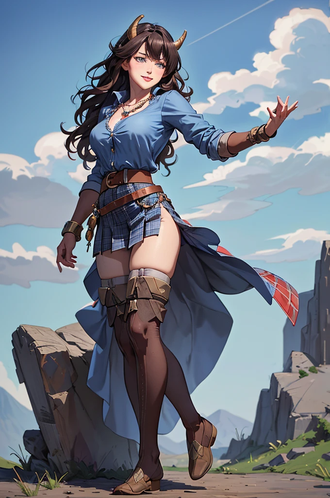 (8K, photo and gross, Best quality</input></xml>, maestro:1.2), (realistic, fotorrealistic:1.37), ultra detailed, 1 girl, beautiful, alone, beautiful detailed blue sky with fluffy clouds, (blush), (full body: 1.1), (smile: 1.1), big breasts, beautiful and delicate blue eyes, (Light blue fitted shirt with buttons down the front and a slight opening at the chest that reveals a necklace with a red gem: 1.1), blue plaid pleated skirt, Brown leather belt with silver buckle, Bold makeup with red lips and dark eyeliner, long wavy brown hair, (wavy hair: 1.2), high contrast, Behind her, A majestic dragon with blue scales and a red belly, Sharp horns, detailed scales, (standing with confidence), The dragon emanates power and protection, Combining modern fashion with fantasy, proporciones de full body.