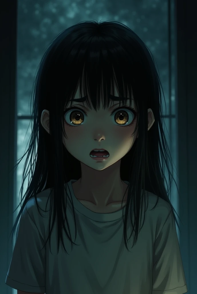 Depressed girl、Long black hair、Small Nose、Skinny body、White eyes、Thin lips、Inpatients、Upper Body、Close-up、Real、The basement of a dilapidated mansion