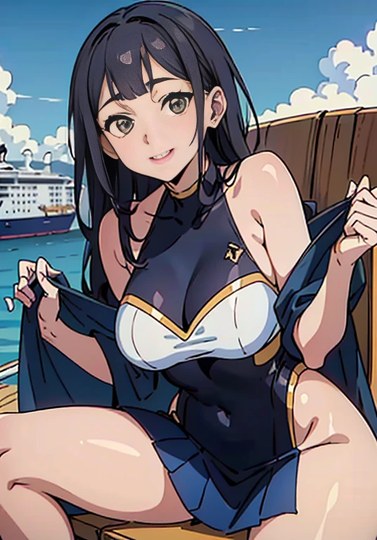 beautiful woman, A Milf, big nude tits, long black hair, smiling, blue eyes, sinuous body, sitting at the sun on a sailship, masterpiece, soft shadows

