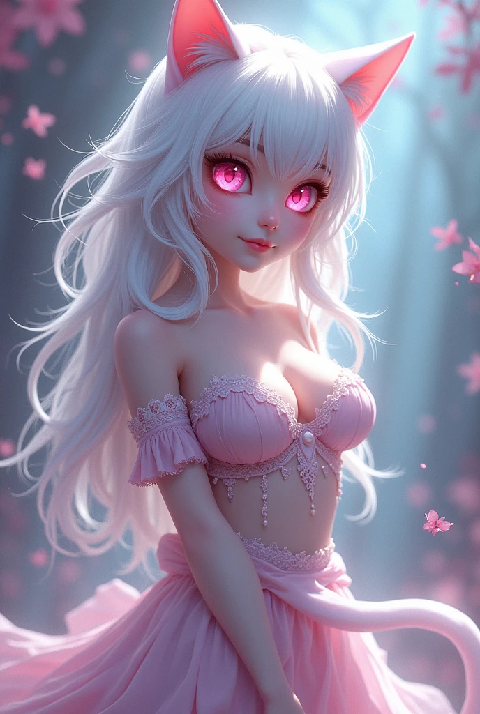 photorealistic,Realistic illustration in Modelshoot style,((masterpiece)),((The best quality)),((Ultra Quality)),((ultra detailed)),((1girl long white hair)),((Only)),((waifu:1.5)),Perfect anatomy,perfect hands,beautiful cuerpo,beautiful_method,ulzzang-6500-v1,e-chica,Exceptionally Beauty Waifu Princess Mary R., intricate details, realist, photorealist, Full Body Portrait, Instagram Photo of a woman wearing aretes, Mary R., inspired by Emma Andijewska, wrapped in crystals,(masterpiece:1.3), (Best Quality:1.3), (Ultra-detailed:1.2), ((kawaii)), Cute, (lovely), ((sexy)), ((Extremely detailed)), 4K, (8K), Best Quality, (Beautiful), Illustration, anime style, (bold line:1.2), Gradation,(best quality, ultra-detailed, photorealistic: 1.39), bright and vibrant colors, studio lighting, (Perfect eyes:1.2), (Perfect iris:1.2), romantic kawaii expression, cute delicate smile, kawaii makeup, 17-year-old e-girl, short red dress, platinum braided and curl white hair, cat ears, big breasts, fit, long wavy hair, mercenary, Mary R.,((bright-pink_eyes)),long wavy hair,hair clips,eyeliner,cute makeup,lipstick,Glossy lipstick,with a look of terror, worry and sadness,((eyes detallados perfectos)),rainy with fog outside,evening,pink theme,bioluminiscencia,light particles,((Extremely CG Unity 8K Wallpaper)),((cinematic lighting,Best quality lights)),intricate details,Suave,sharp focus,Extremely beautiful and aesthetic,Octane rendering,Full length portrait,damp skin,((Perfect detailed body)),