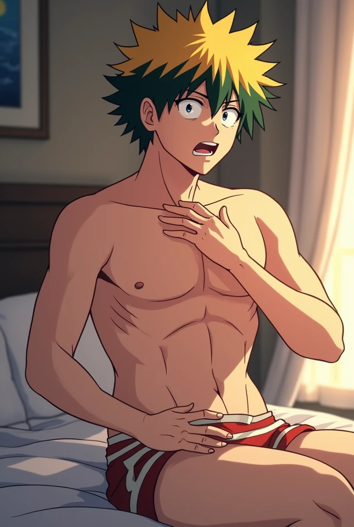 1boy, masterpiece, midoriya izuku, bare shoulders, bare chest, shirtless, armpit, (showing armpit:1.3),  green hair, green eyes, eyebrows, freckles, furrowed brow, blurry, blurry background, boku no hero academia, curly hair, highres, looking away, male focus,(slim body, medium body), muscular, muscular male, open mouth, red eyes, short hair, spiked hair, sweat, wiping sweat,