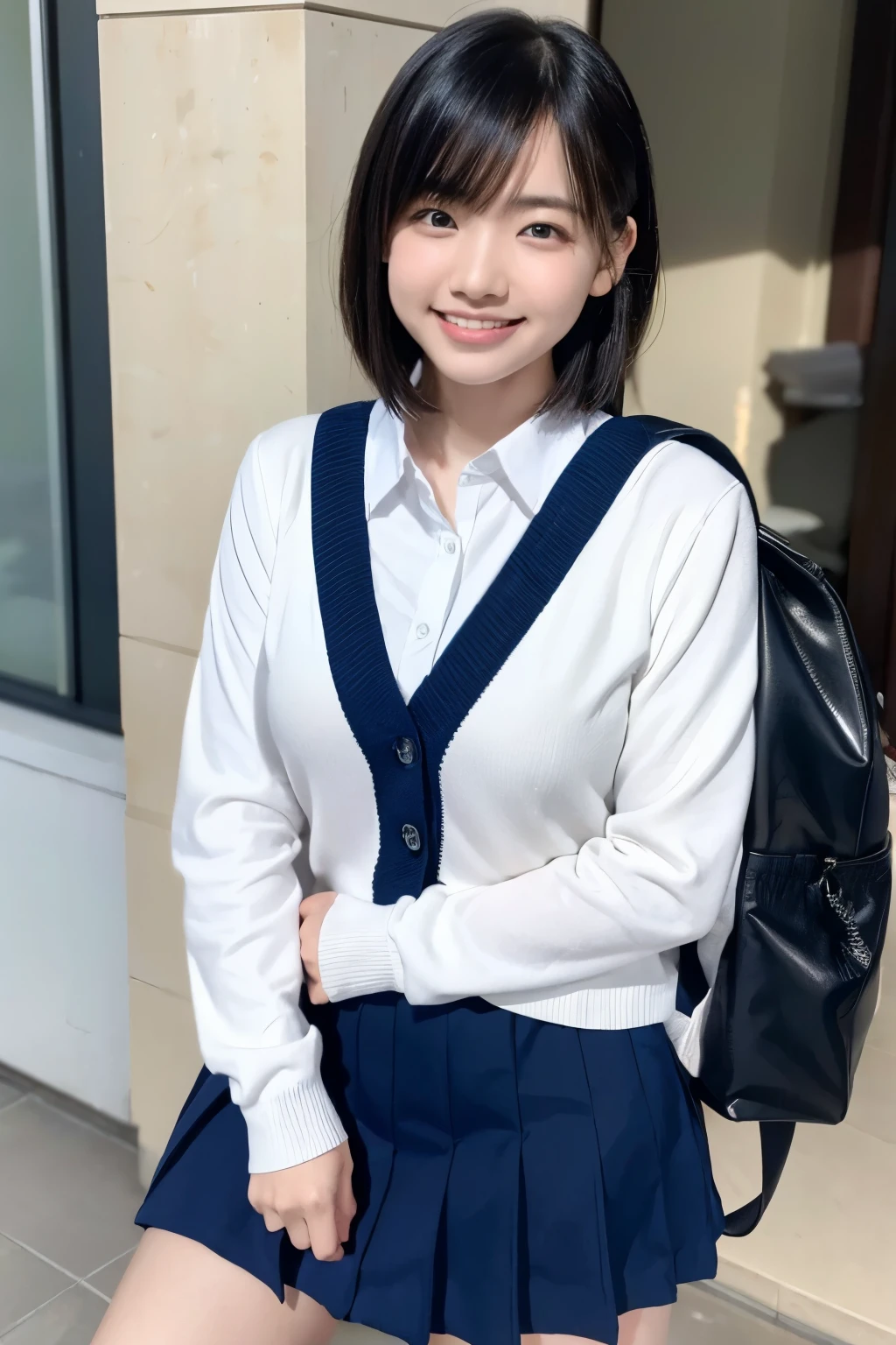 masterpiece, Best Quality, High image quality,High school girl 10.0,Very detailed,Asian Beauty,(Smile 1.1),Iris,Natural Beauty,Cinematic,(Volumizing breasts),Showing from the knees 10.0,Supple and soft limbs,Narrow eyes and light eye makeup,Smooth under-eye bags,Very detailedなな目と顔,Glossy Lips,Inner thighs,Sparkling eyes,Droopy eyes,(one-length haircut:1.2),(asymmetrical bangs),On the way home from school,(Walking around town),(Navy cardigan-style school uniform:1.1),(Navy check skirt:1.1),(Carrying a backpack:1.2),Hair blowing in the wind,(standing on one leg:1.3),(Doing squats)