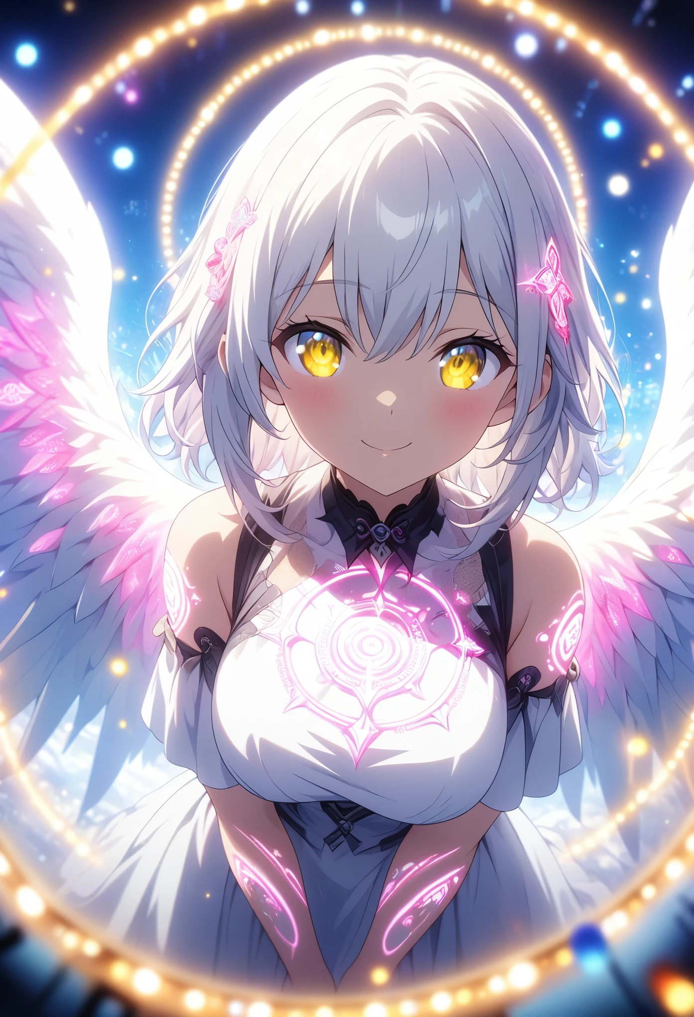 Masterpiece, Top quality, High definition CG Unity 8K wallpaper, Solo girl, Anime screenshots, Neon tattoos all over the body, Big wings with neon lights, Great smile, Depth of field, White hair, Yellow eyes, Fisheye lens , white clothes、bokeh photography, (soft focus):1.2, out-of-focus highlights, dreamy ambiance, glowing circles, mesmerizing depth