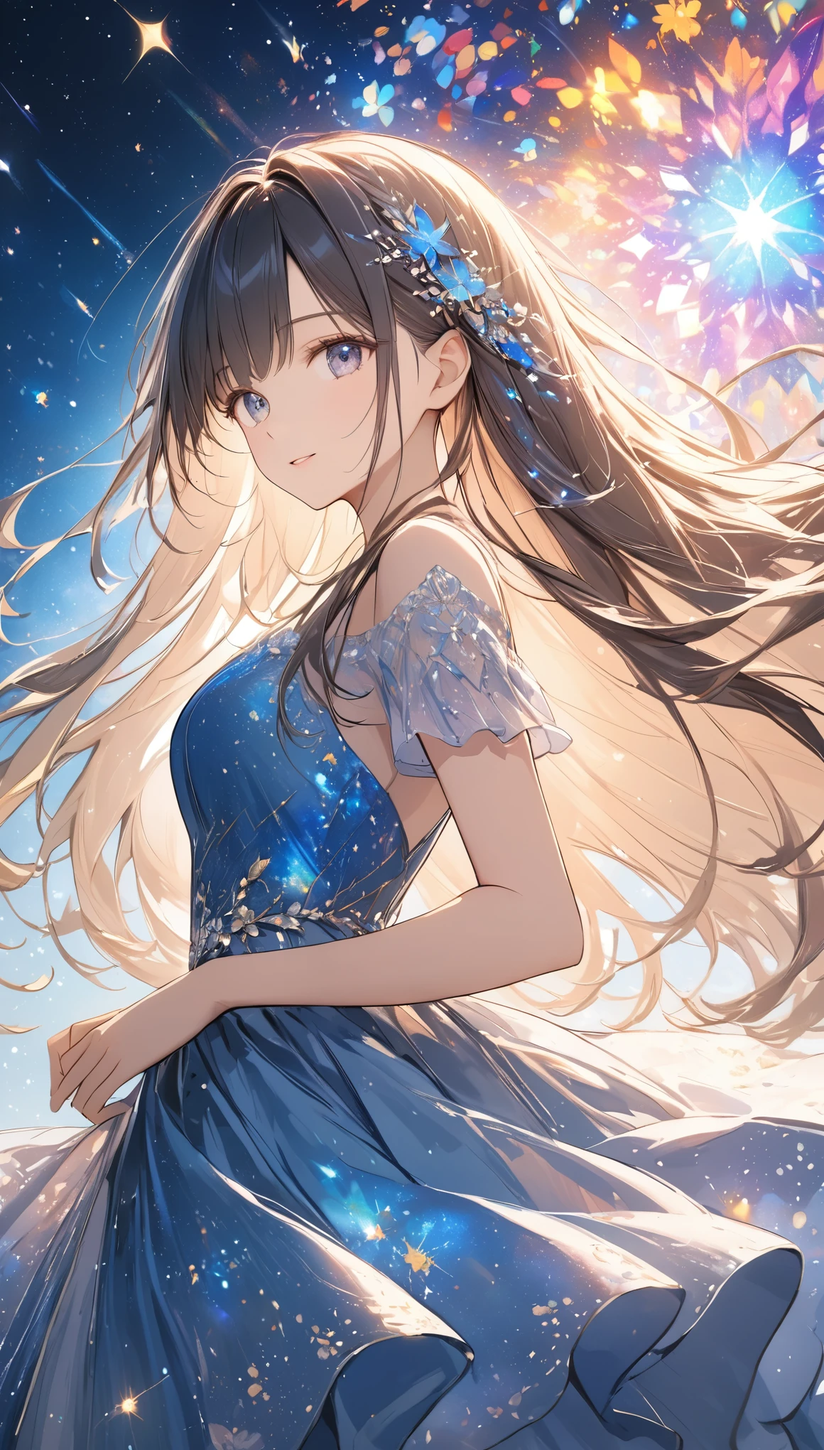 Sketch,UHD, retina, masterpiece, high details, high quality, super detail, best quality, highres, 4K, 8k,kaleidoscope,Sparkling effects,Beautiful work,One Girl,The universe spreads out inside a beautiful dress。,Long Hair