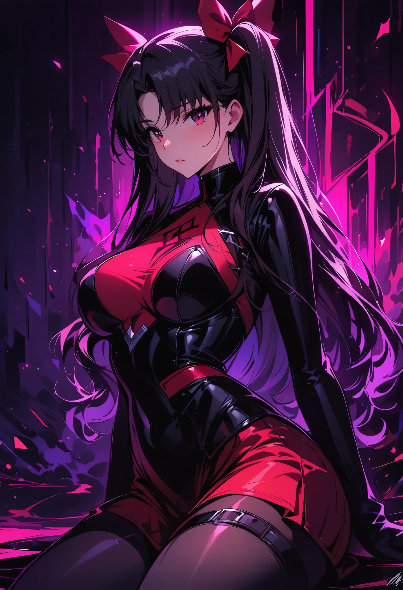 Rin Tohsaka，(masterpiece, Best quality:1.2), Black Light Art，1 girl, solitary，Tights，Chest，，Tights，Busty
