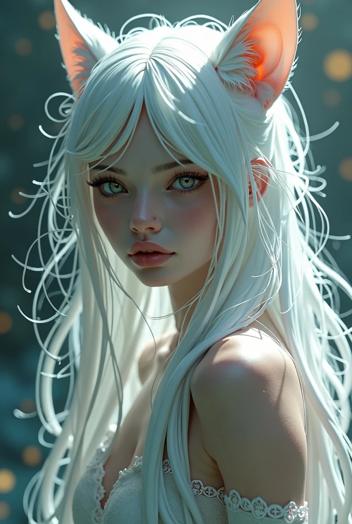 woman with long white hair white bear ears glasses purple eye nude