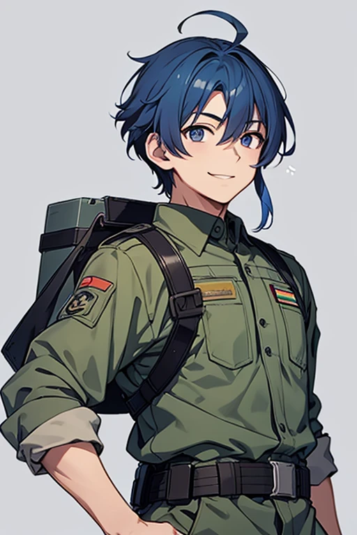 One man、Around 20 years old、Armed Soldiers、Military、Alone, Very thick outline、Medium 短い-Cut Hair、Blue Hair、Gray Eyes、anime、Angle where you can see the whole body、Front angle、smile、Small Head