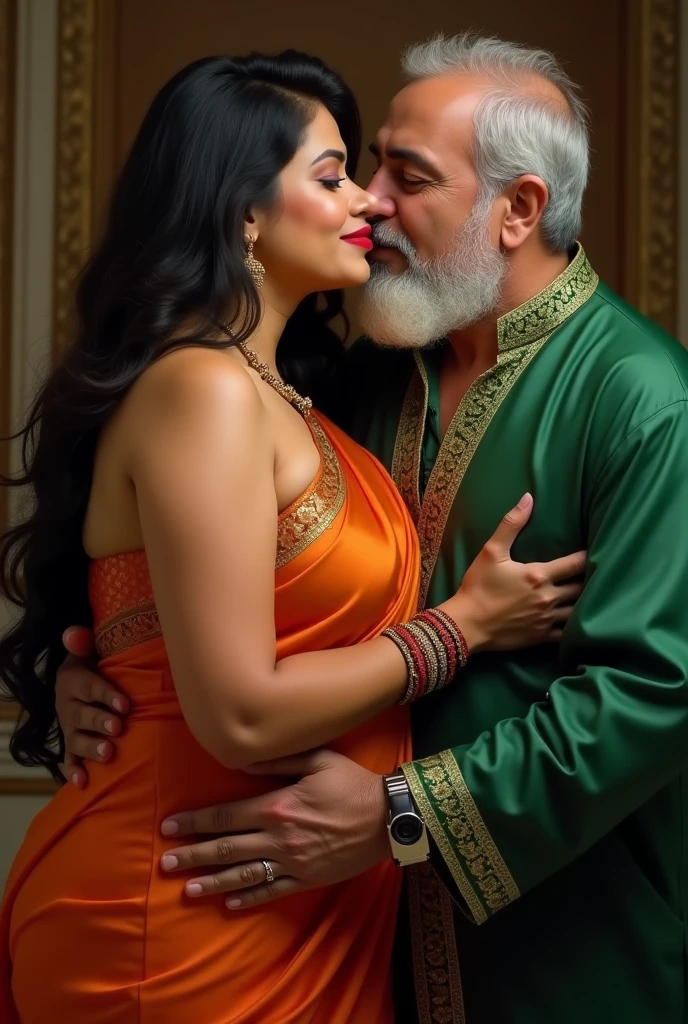 Day scene,kajal and Oldman, Indian black old man, couple pose, a Oldman and kajal in under the water fall, black lace bra and saree, detailed old man, old man gripping kajal waist,big cheeks, curvy, Hollywood lips, wet navel, deep cleavage, necklace, erotic face, 36 yo, ponytail, look at viewer and smile, (cinematic:1.3), intricate details, (ArtStation:1.2),Oldman and beautiful girl posing to viewers, detailed Oldman, old man waist gripping,hot,