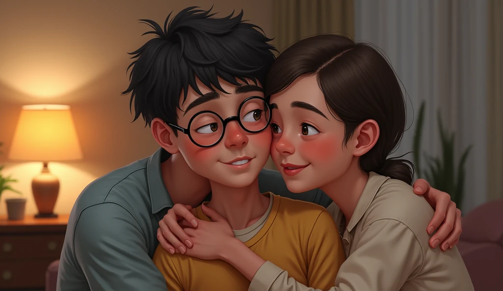 A young woman with long dark hair and olive skin wearing glasses is hugging a boy with light brown hair and fair skin wearing glasses and smiling.