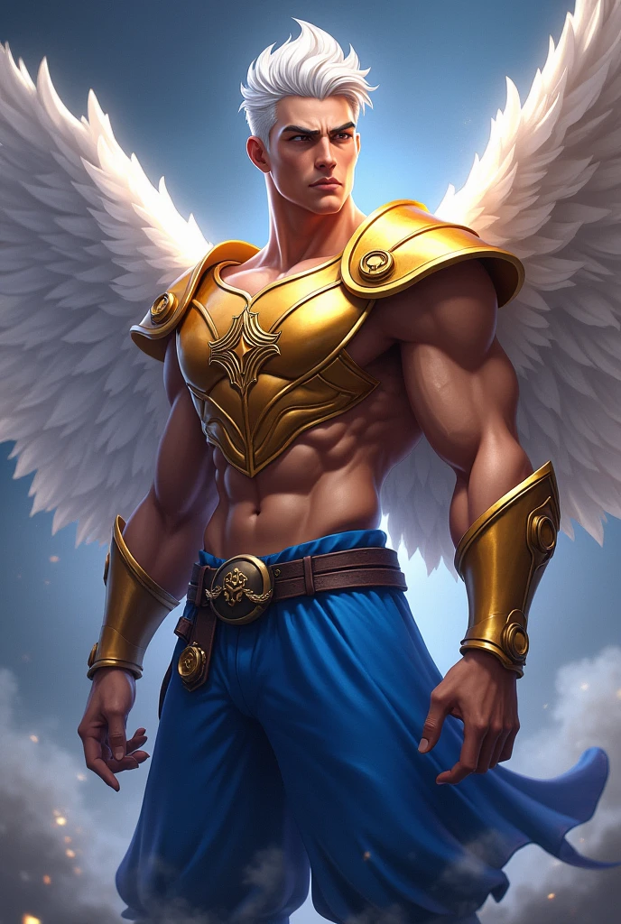 (nonsense, High resolution, very detailed, HDR), Masterpiece, best quality, A drawing of a boy, handsome man with red eyes, detailed face, professional photos, An Arav man enters the fight shirtless., Fight comfortably，legs open, (Swollen nipples(from below:1.1)), Focus on your audience,18 year old boy, handsome man, [ well defined body ]，abdomen，chest muscles，Big bulge，angel，wing，feather，cloud，cloud,((((Convex crotch)))),Wearing blue crystal shoes with gold patterns