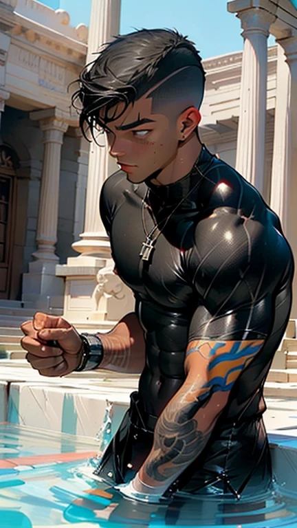 1 boy,((Best quality, 8 k, ultra - detailed, chedevr: 1.3)), 1 boy, Radiant & Radiant Skin, spicy, Perfect body beauty, Realistic ideal body shadow, (cute baby face:1.1),("scantily clad,large bulge ":1.2),(dynamic poses:1.1), upper legs , (convex focus:1.2) ,sat down