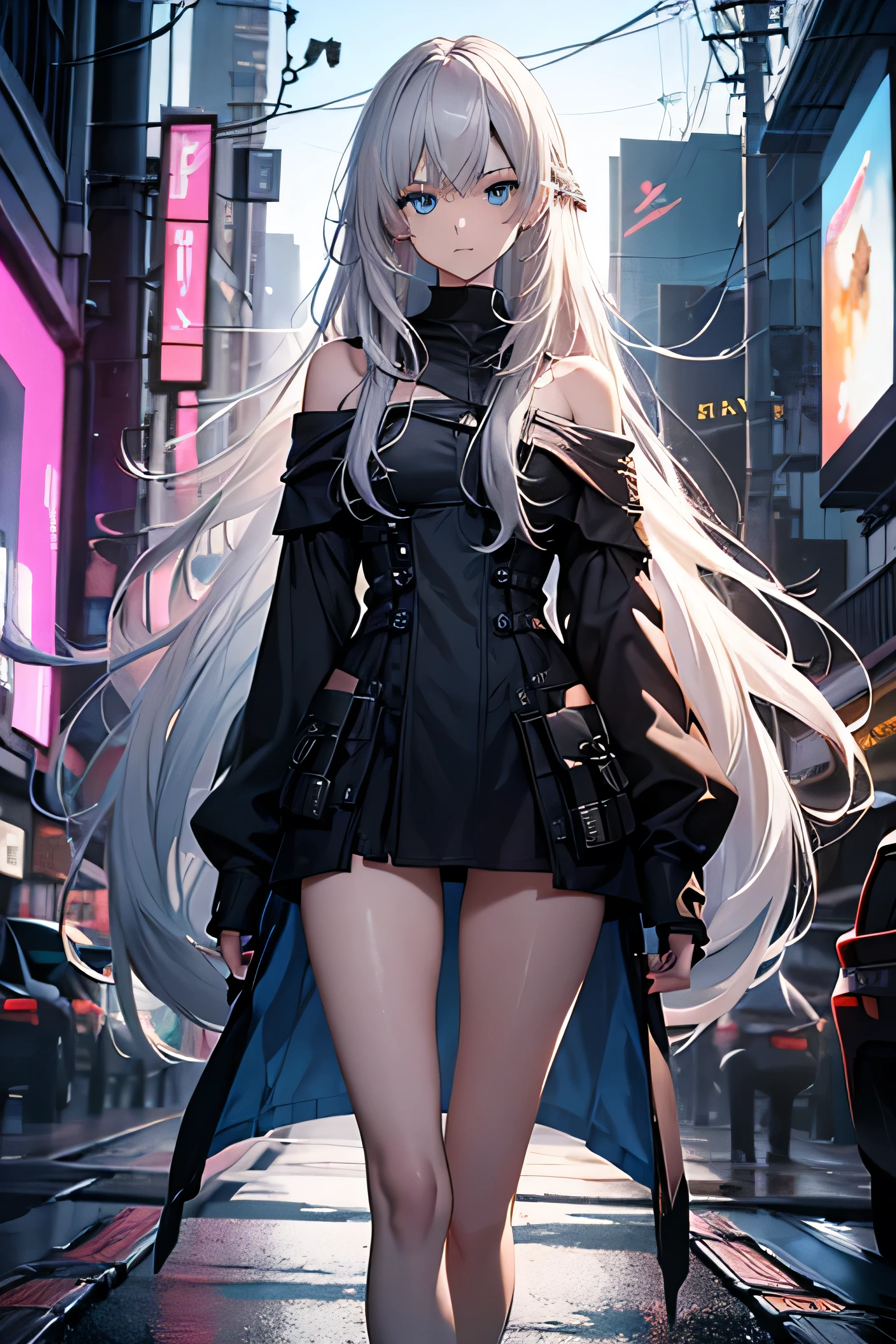 femele，Teenage uncensored，mizore，Long white hair，High ponytail，Black stud earrings，gray pupil，Leather jacket，On heavy locomotives，Carry two black ninja knives，black leather clothes