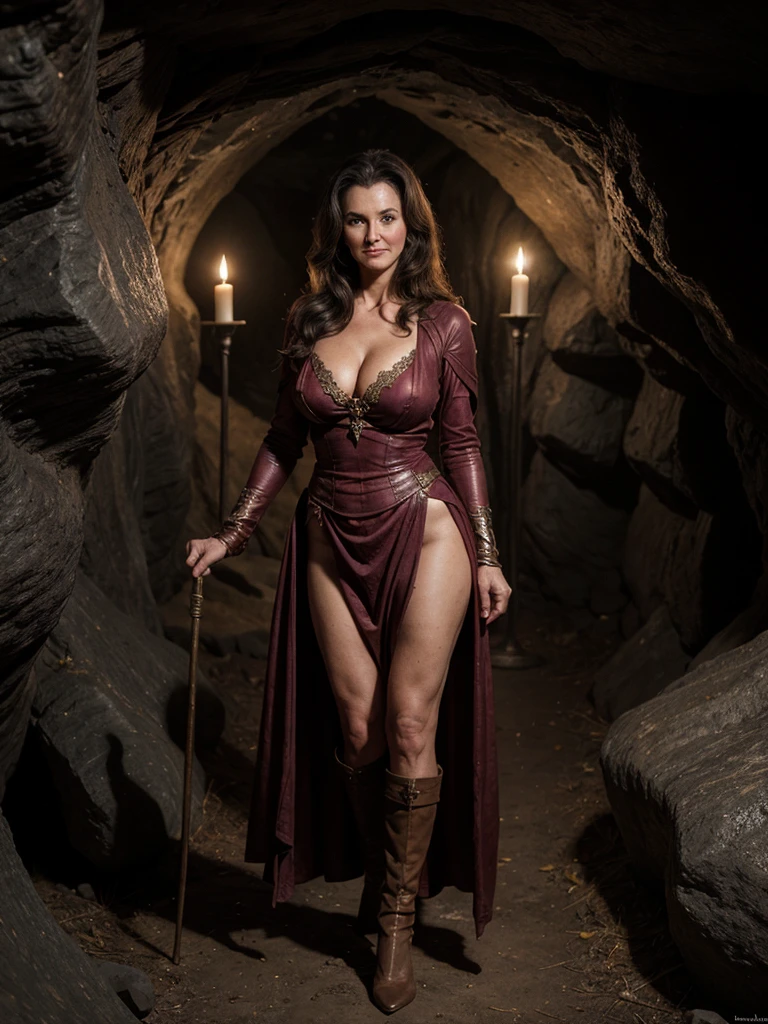 A high quality 2000s fantasy movie still, with heavy film grain. (full body photo). Soft, dramatic lighting. A seductive evil ((45 year old)) (Jewish woman), straight hair, queen, revealing outfit, large chest, ((plunging neckline)), wearing small ruby tiara, Large nose, wide chin, with broad shoulders, (thick body), wide hips, tan skin, long flowing open cape. Set in open fantasy (throne room), with a view to outside, beautiful masonry of an ancient elven castle. Soft warm candlelight. High Resolution, Very Long Hair, Large breasts,