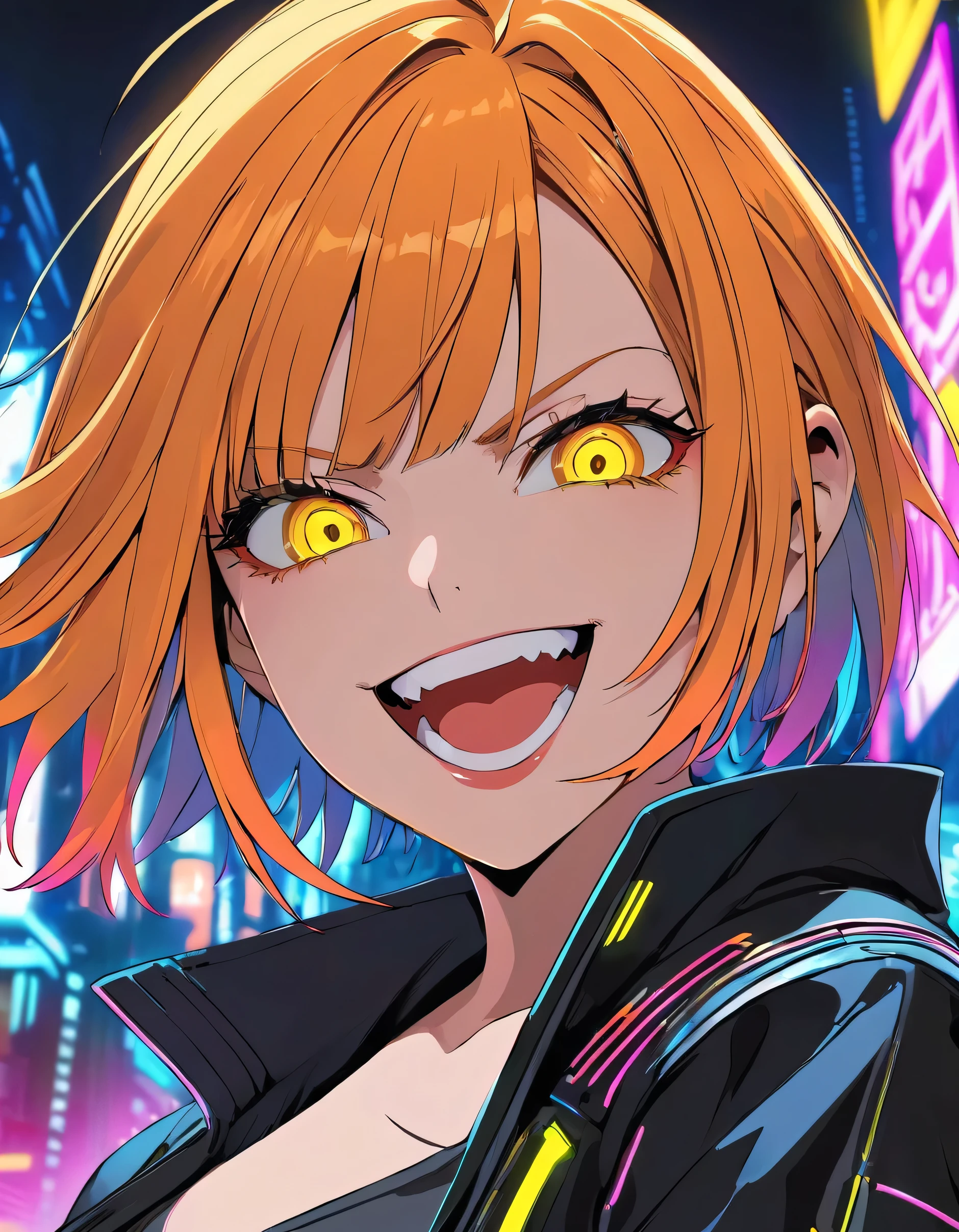 A mature woman with a sharp style, Short orange hair and yellow eyes、Face close-up、Cyberpunk clothing with lots of exposure、Urban Neon Background、An open-mouthed grin、Dance away、decoration、Glaring