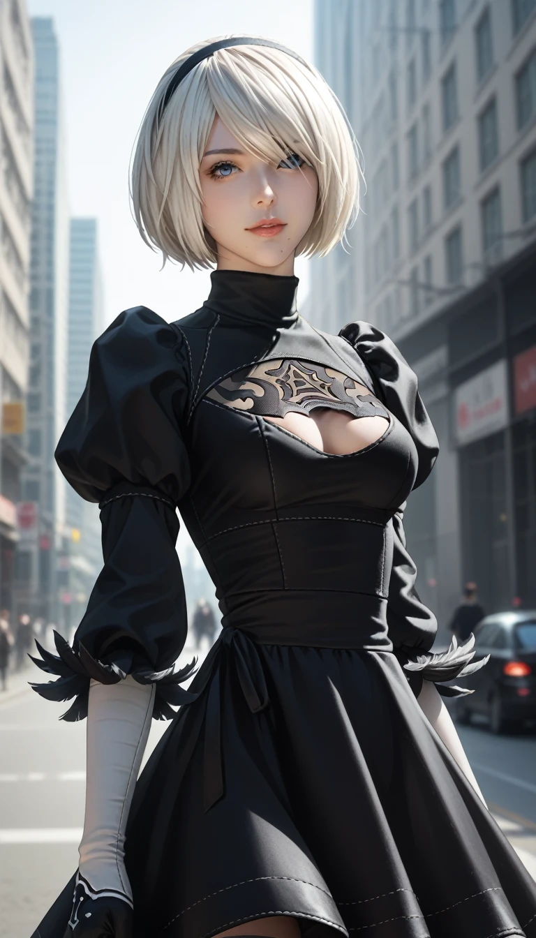 score_9, score_8_up, score_7_up, 32k,masterpiece, highest quality, photo realistic, vibrant colors, chiaroscuro lighting, cinematic lighting,
there is a woman in a black dress and black gloves, 2 b, 2b, 2b from nier automata, 2 b from nier automata, gothic city streets behind her, 2b nier automata, nier:automata inspired, nier : automata inspired, anime girl wearing a black dress, film still of 2b nier automata