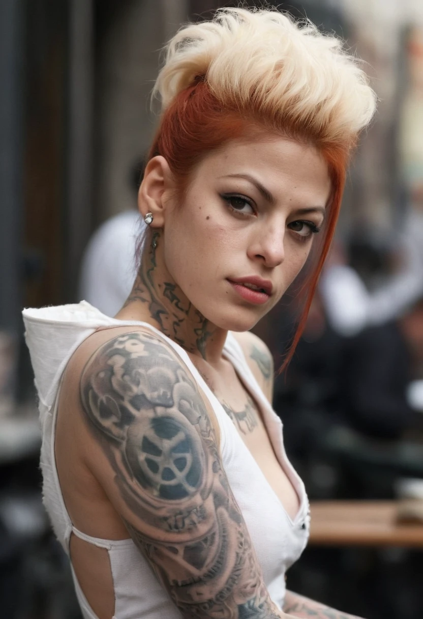 Eva Mendes, Tips for the first topic are as follows： quality, 8K, 32K, On a table:1.3), ultra - detailed, (realistically:1.4), white colors, albinism, punk girl, upper part of body, redhead, Avant-garde punk fashion, Avant-garde makeup, numerous piercings, Have lots of tattoos, streets background, backlight effect, shallowdepthoffield, vague background"