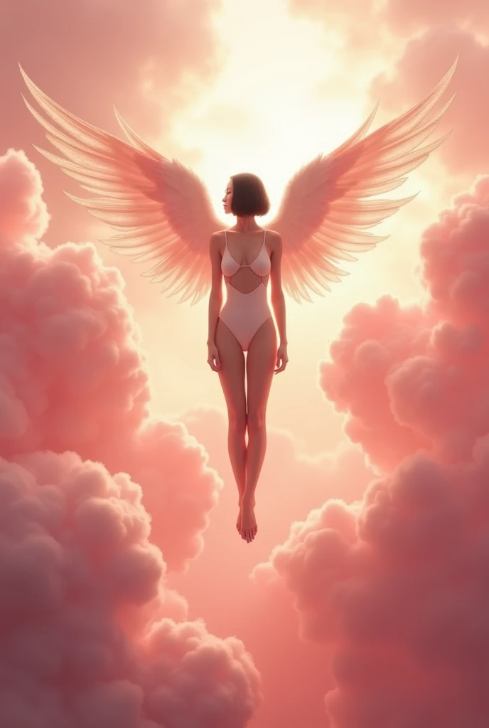 A nude angekflying in the sky in the sun light, slave, full body, with open legs