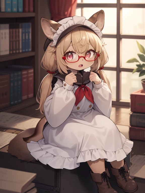 furry, solo, 1girl, looking at viewer, full body, cute boots, sitting at the window, long sleeves, female child, neckerchief, white dress, twintails, teeth, wide-eyed, open mouth, dress, red neckerchief, parted lips, wide sleeves, library room masterpiece, high quality, very_high_resolution, large_filesize, full color, brown headwear, deer horn, gloomy, nerd, maid outfit, eyes-glasses