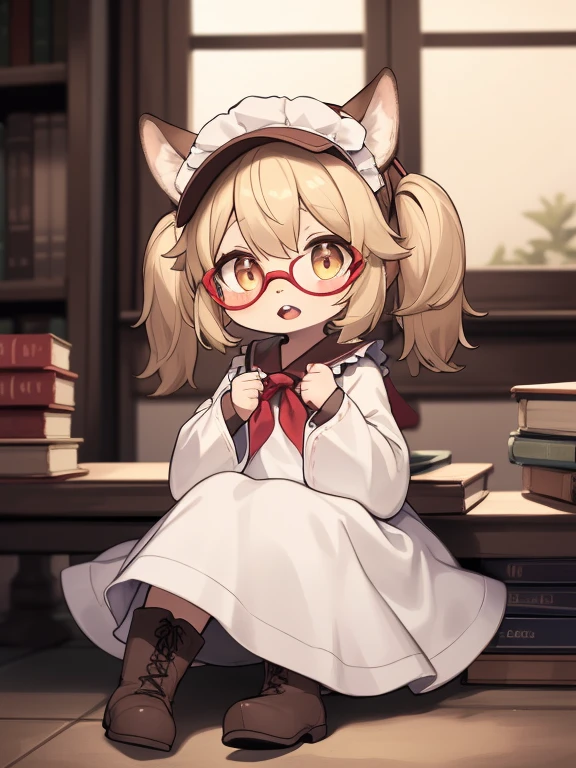 furry, solo, 1girl, looking at viewer, full body, cute boots, sitting at the window, long sleeves, female child, neckerchief, white dress, twintails, teeth, wide-eyed, open mouth, dress, red neckerchief, parted lips, wide sleeves, library room masterpiece, high quality, very_high_resolution, large_filesize, full color, brown headwear, deer horn, gloomy, nerd, maid outfit, eyes-glasses