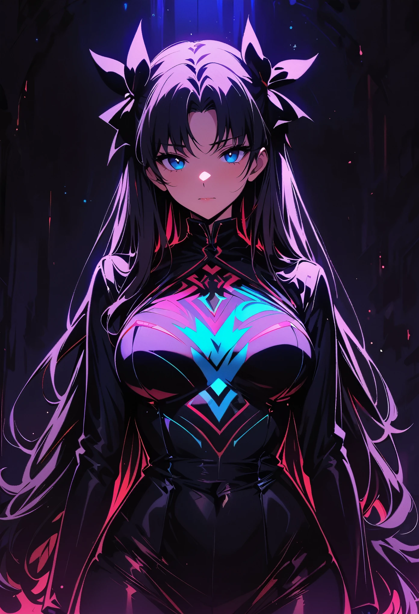 Rin Tohsaka，(masterpiece, Best quality:1.2), Black Light Art，1 girl, solitary，Tights，Chest，，Tights，Busty
