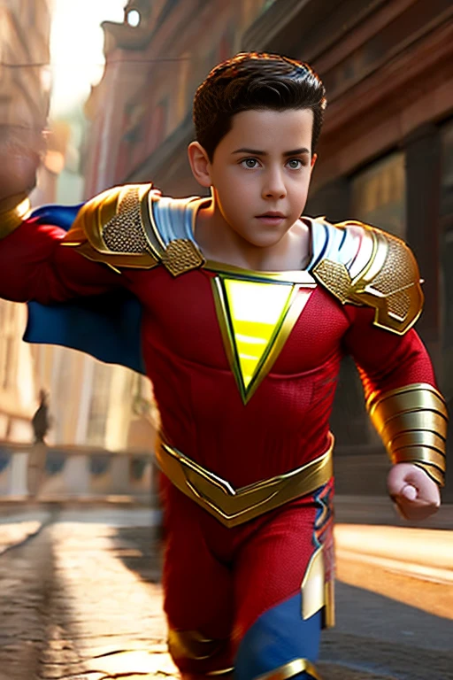 Shazam in action, 1boy, mcu, best entrence pose, ultra detail, 8k, photo-realistic, octane render, unreal engine, ultra-realistic